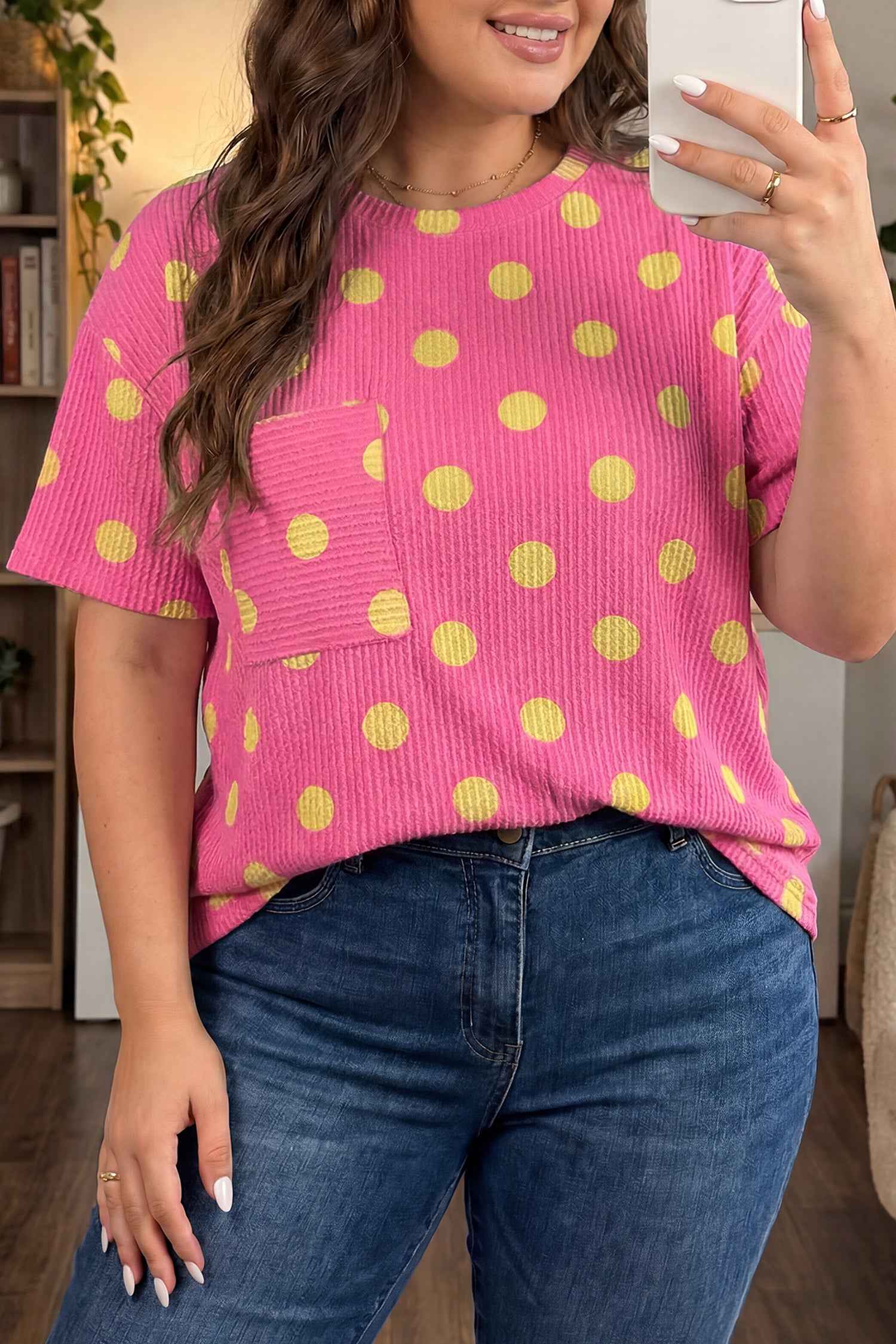 Pink Twisted Rib Polka Dot Print Plus Size T Shirt