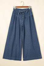 Sky Blue Polka Dot Print Button Pleated Detail Wide Leg Jeans