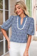 Blue Floral Striped Print Contrast Ricrac V Neck Puff Sleeve Blouse