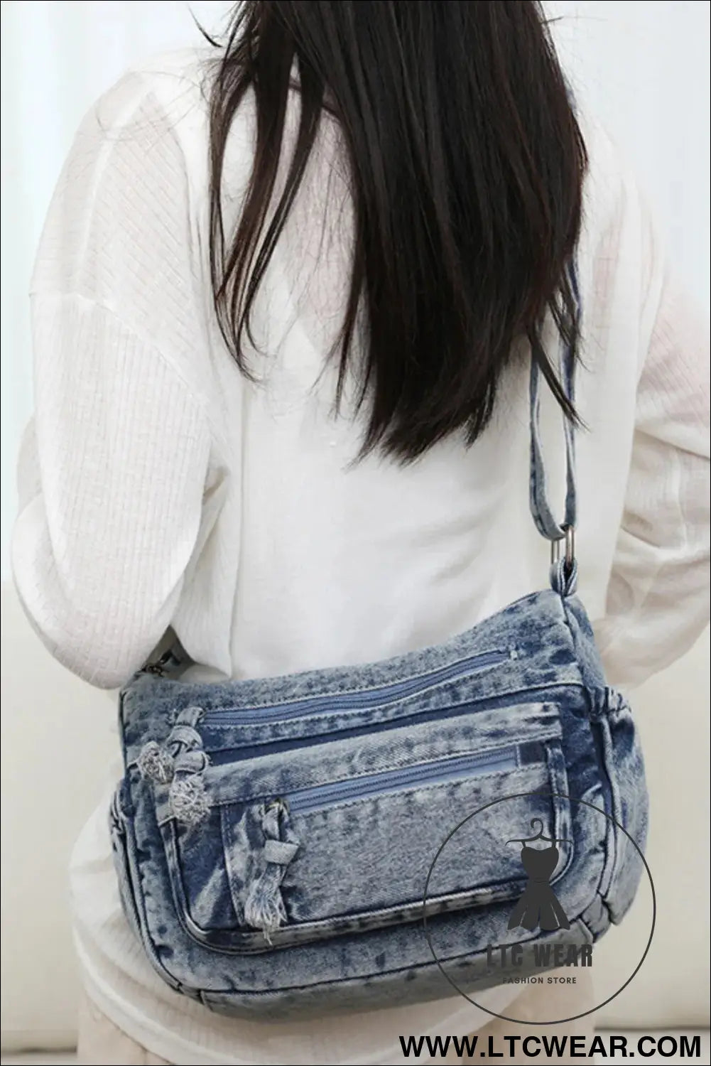 Adjustable strap denim crossbody bag