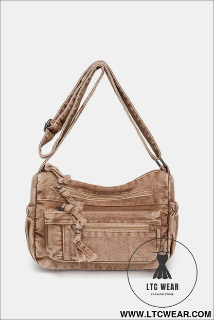 Adjustable strap denim crossbody bag - camel / one size