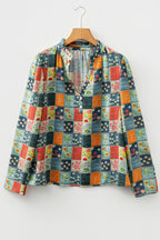 Sky Blue Checkered Floral Patchwork V Neck Blouse