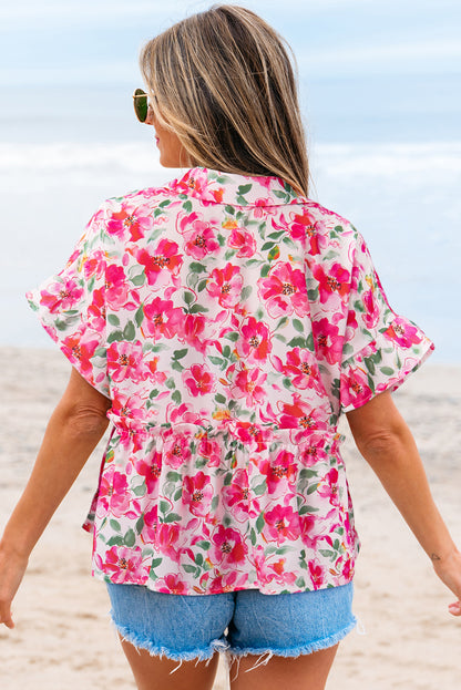 Yellow Floral Boxy Fit Ruffled Short Sleeve V Neck Blouse