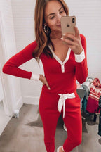 Fiery Red Contrast Trim Button V Neck Knot Waist Pants Pajama Set