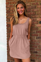 Smoke Gray Mineral Wash U Neck Elastic Waist Sleeveless Mini Dress