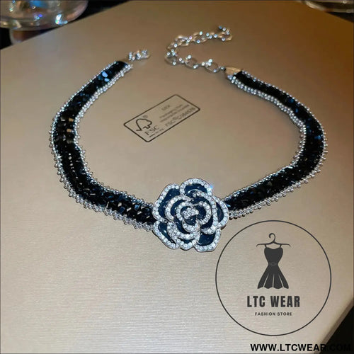 Alloy crystal rose necklace - black / one size