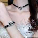 Alloy crystal rose necklace - black / one size