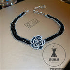 Alloy crystal rose necklace - black / one size