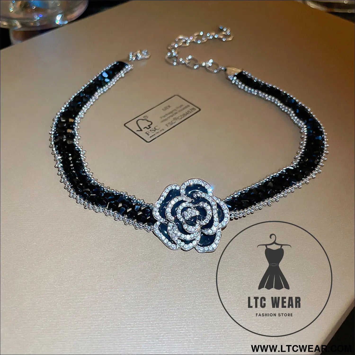 Alloy crystal rose necklace - black / one size