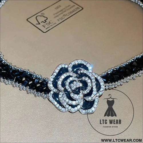 Alloy crystal rose necklace - black / one size