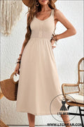 Apricot button shirred high waist sleeveless midi dress - apricot / 2xl / 65% polyester + 30% viscose + 5% elastane