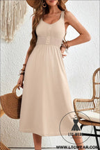 Apricot button shirred high waist sleeveless midi dress - apricot / 2xl / 65% polyester + 30% viscose + 5% elastane