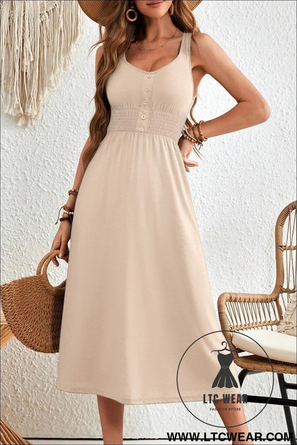 Apricot button shirred high waist sleeveless midi dress - apricot / 2xl / 65% polyester + 30% viscose + 5% elastane