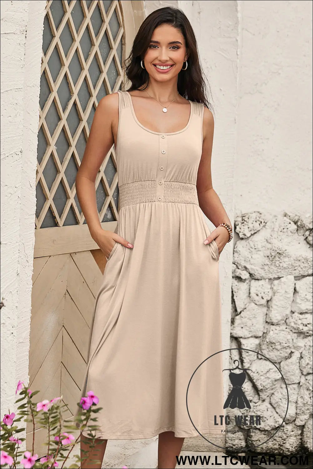 Apricot button shirred high waist sleeveless midi dress - midi dresses