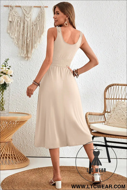 Apricot button shirred high waist sleeveless midi dress - midi dresses