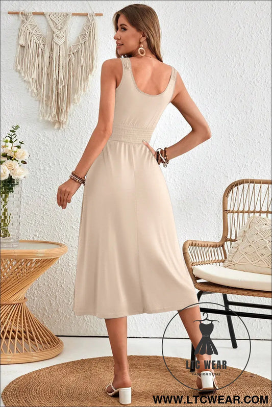 Apricot button shirred high waist sleeveless midi dress - midi dresses