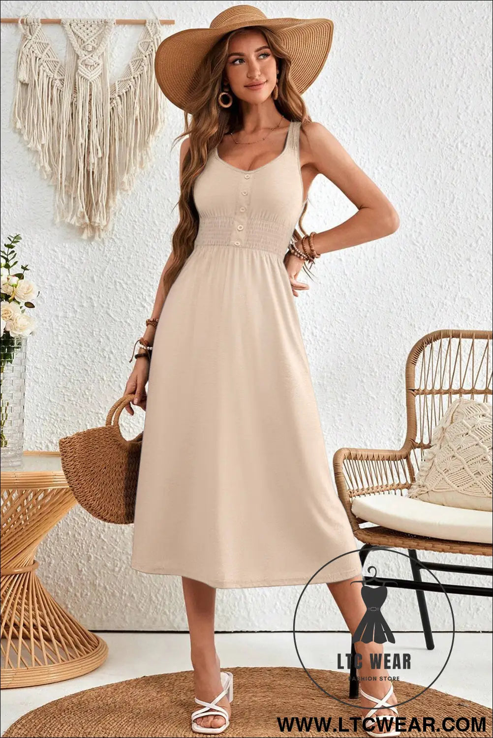 Apricot button shirred high waist sleeveless midi dress - midi dresses