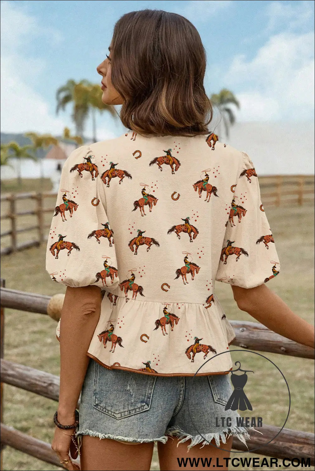 Apricot cowboy print puff sleeve bowknot babydoll blouse - blouses & shirts