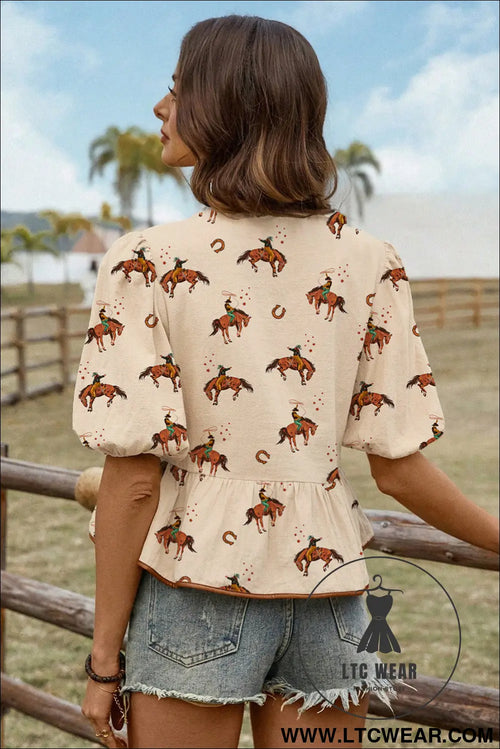 Apricot cowboy print puff sleeve bowknot babydoll blouse - blouses & shirts