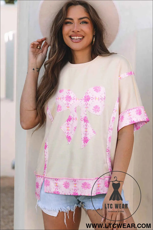 Apricot Daisy Floral Bow Contrast Patchwork Loose T Shirt