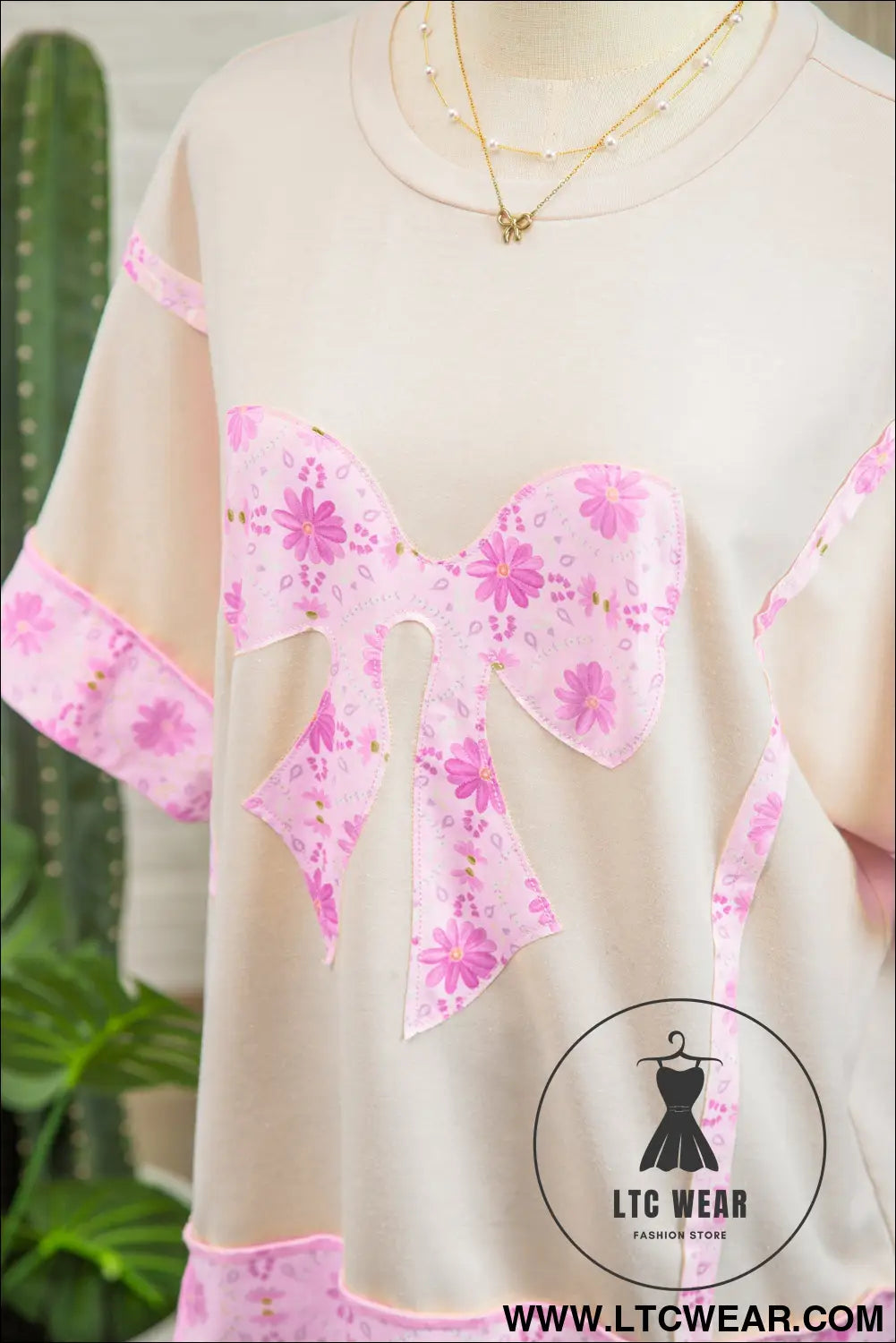 Apricot Daisy Floral Bow Contrast Patchwork Loose T Shirt - L.T.C Wear Online Fashion Store