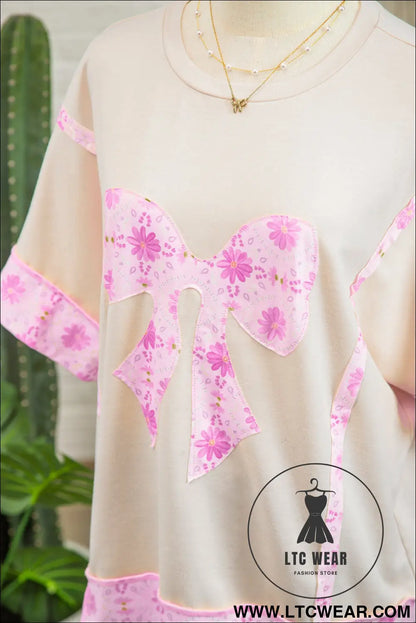 Apricot Daisy Floral Bow Contrast Patchwork Loose T Shirt - L.T.C Wear Online Fashion Store