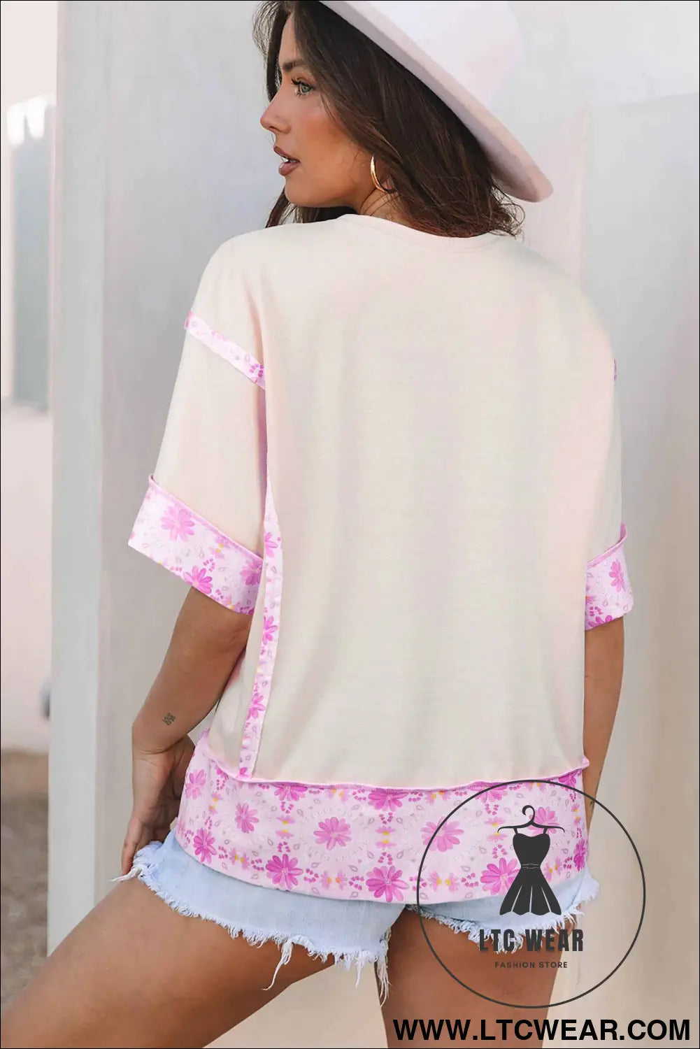 Apricot Daisy Floral Bow Contrast Patchwork Loose T Shirt