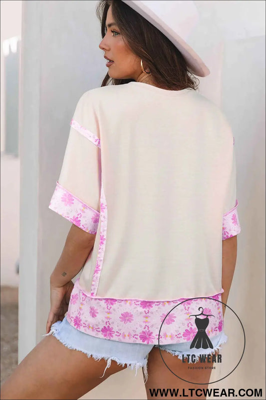 Apricot Daisy Floral Bow Contrast Patchwork Loose T Shirt