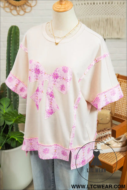 Apricot Daisy Floral Bow Contrast Patchwork Loose T Shirt - L.T.C Wear Online Fashion Store