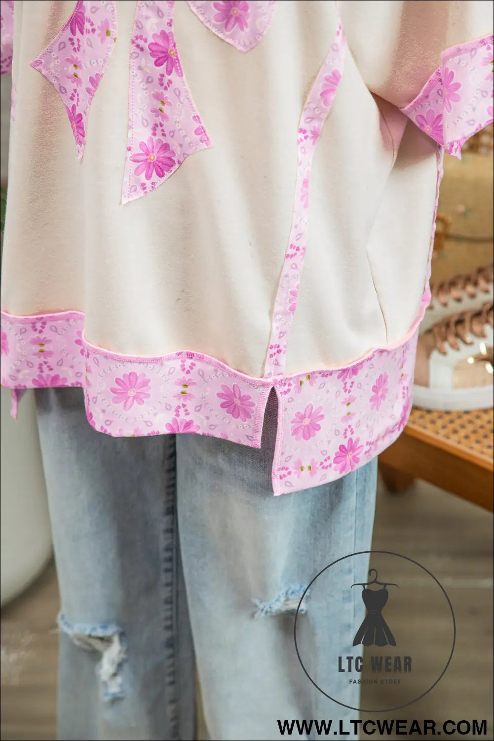 Apricot Daisy Floral Bow Contrast Patchwork Loose T Shirt - L.T.C Wear Online Fashion Store
