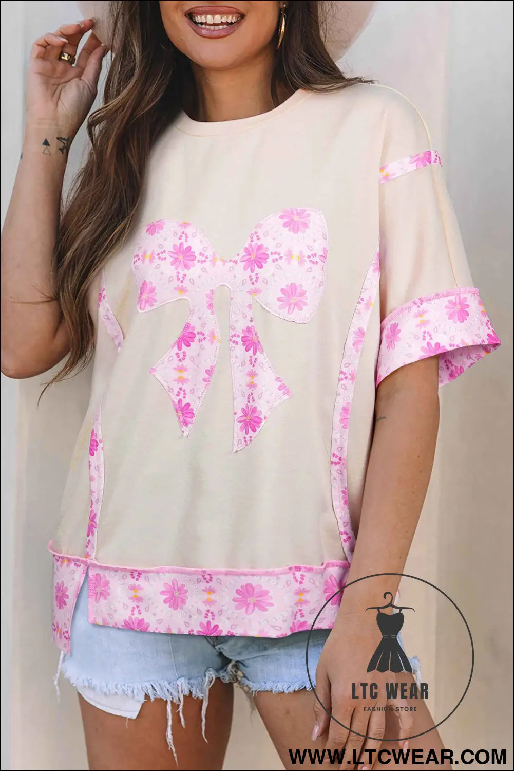 Apricot Daisy Floral Bow Contrast Patchwork Loose T Shirt
