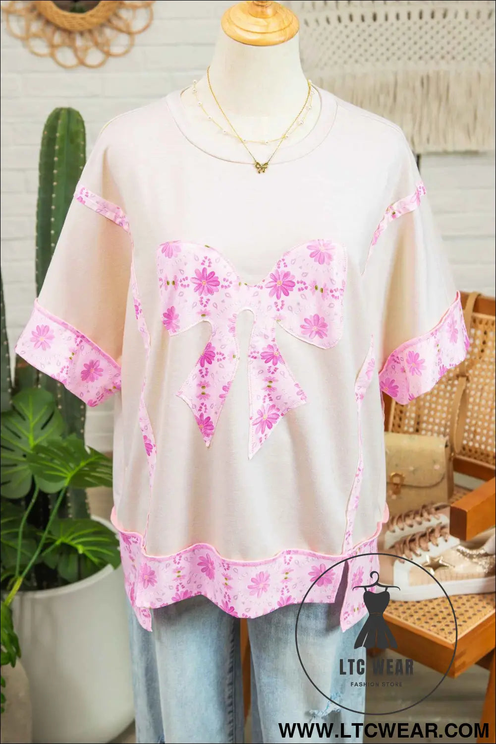 Apricot Daisy Floral Bow Contrast Patchwork Loose T Shirt