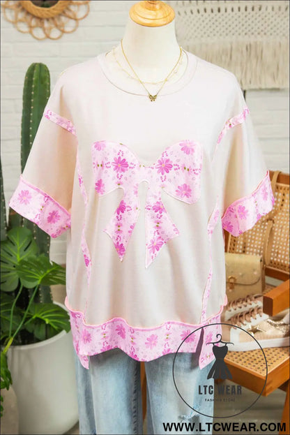 Apricot Daisy Floral Bow Contrast Patchwork Loose T Shirt