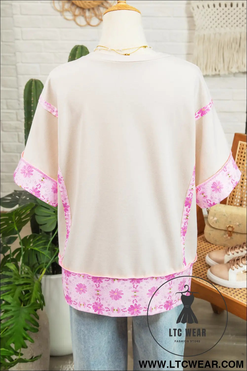 Apricot Daisy Floral Bow Contrast Patchwork Loose T Shirt - L.T.C Wear Online Fashion Store