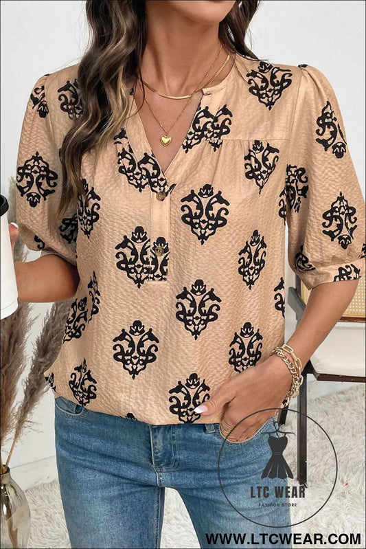 Apricot Floral Print Half Button Puff Sleeve Blouse