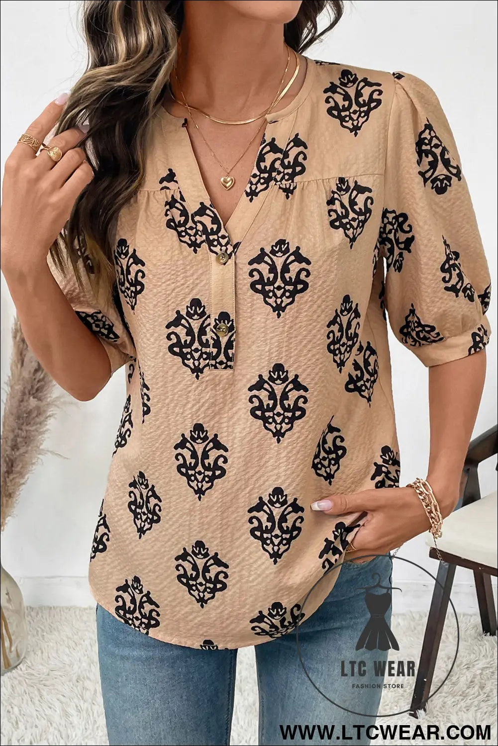 Apricot Floral Print Half Button Puff Sleeve Blouse - L.T.C Wear Online Fashion Store
