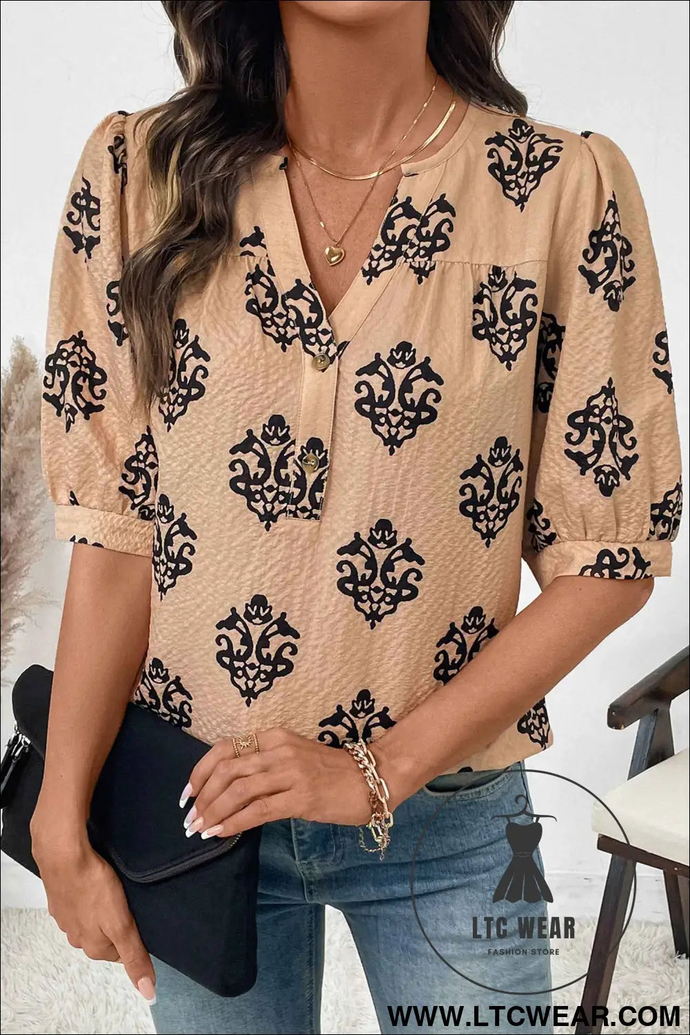Apricot Floral Print Half Button Puff Sleeve Blouse