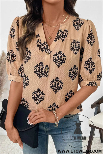 Apricot Floral Print Half Button Puff Sleeve Blouse