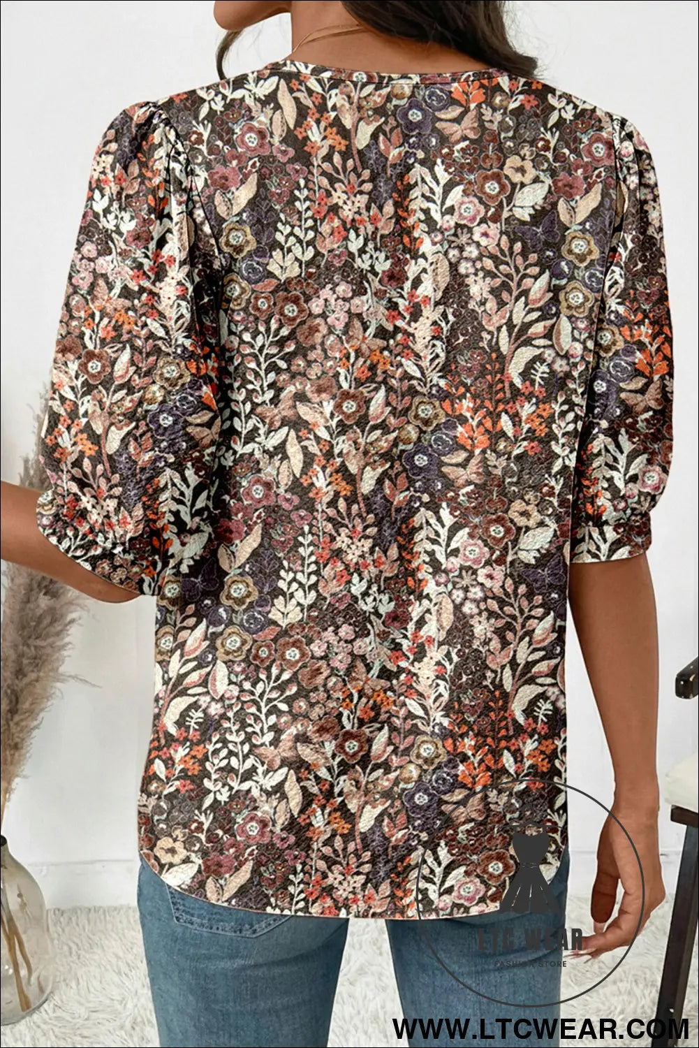 Apricot Floral Print Half Button Puff Sleeve Blouse - L.T.C Wear Online Fashion Store