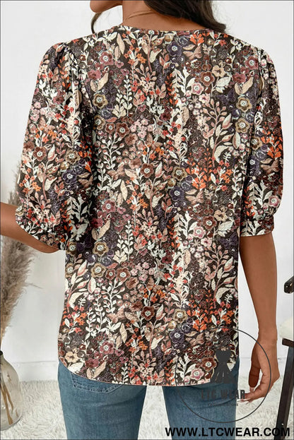 Apricot Floral Print Half Button Puff Sleeve Blouse - L.T.C Wear Online Fashion Store