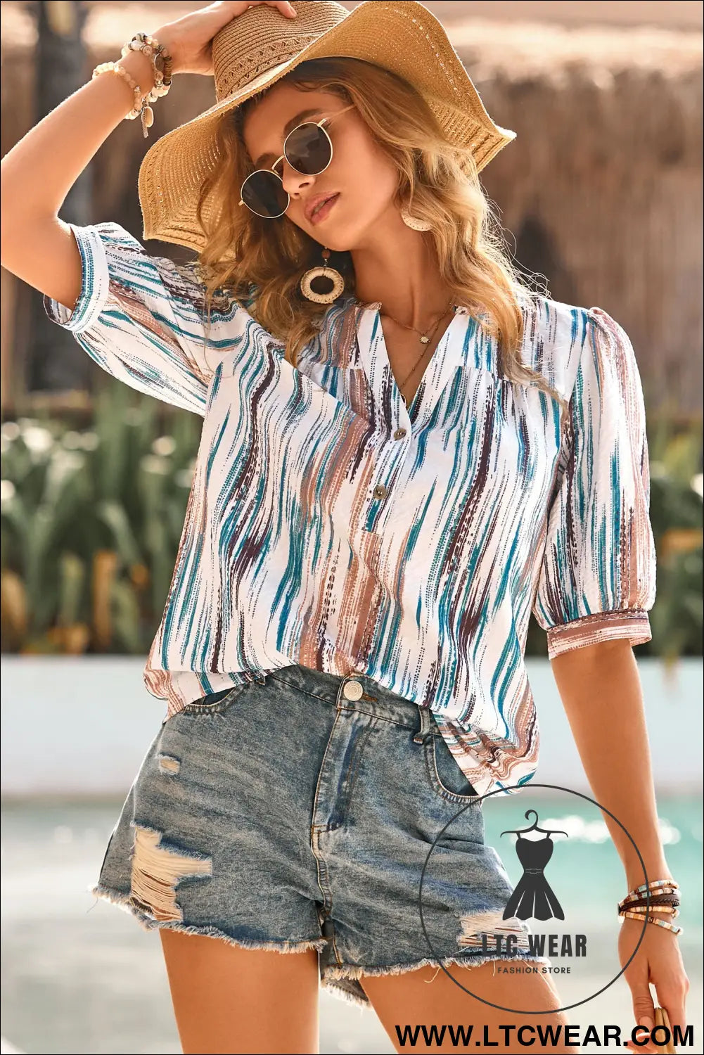 Apricot Floral Print Half Button Puff Sleeve Blouse - L.T.C Wear Online Fashion Store