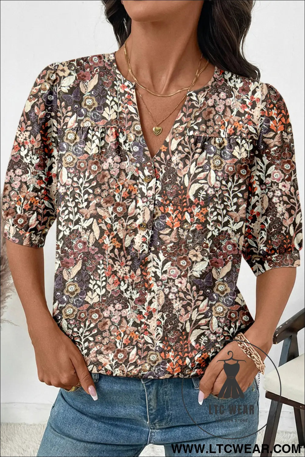 Apricot Floral Print Half Button Puff Sleeve Blouse - L.T.C Wear Online Fashion Store