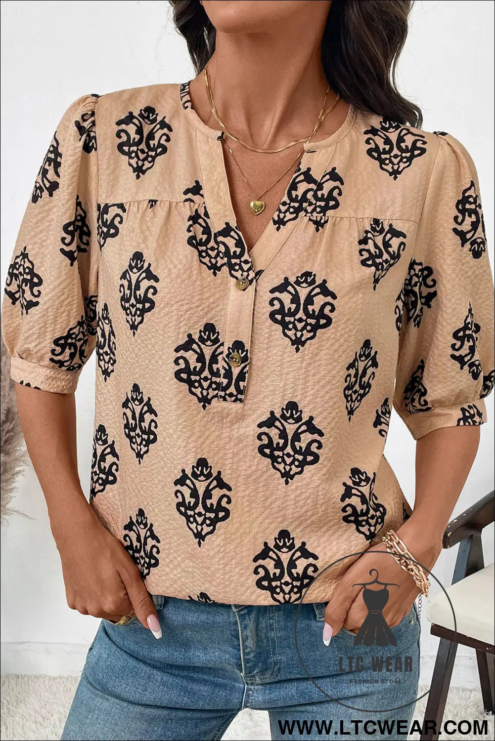 Apricot Floral Print Half Button Puff Sleeve Blouse - L.T.C Wear Online Fashion Store