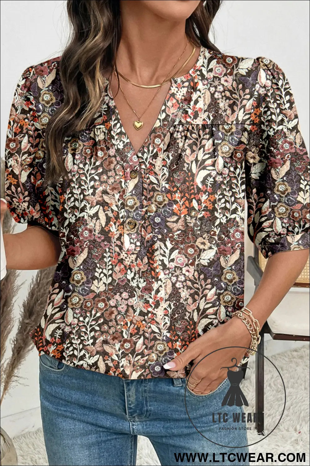 Apricot Floral Print Half Button Puff Sleeve Blouse - L.T.C Wear Online Fashion Store