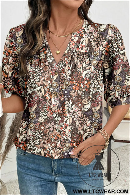Apricot Floral Print Half Button Puff Sleeve Blouse - L.T.C Wear Online Fashion Store