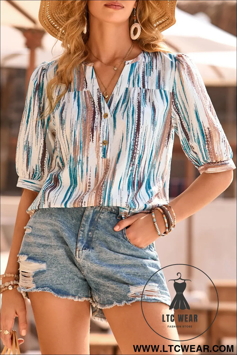 Apricot Floral Print Half Button Puff Sleeve Blouse - L.T.C Wear Online Fashion Store