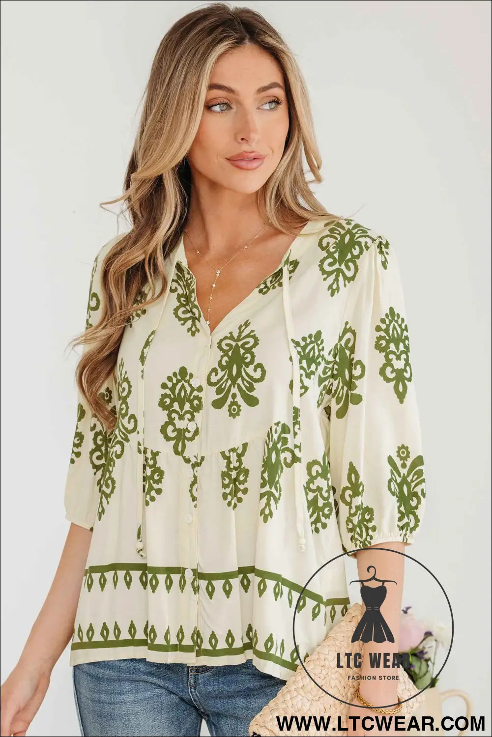 Apricot Floral Print Tie V Neck Button Down Puffy Half Sleeve Shirt