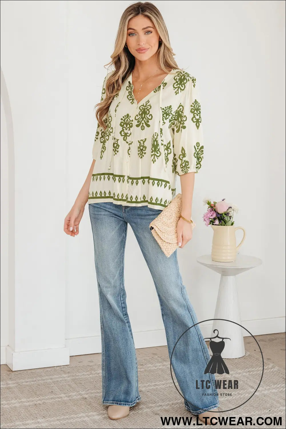Apricot Floral Print Tie V Neck Button Down Puffy Half Sleeve Shirt - L.T.C Wear Online Fashion Store