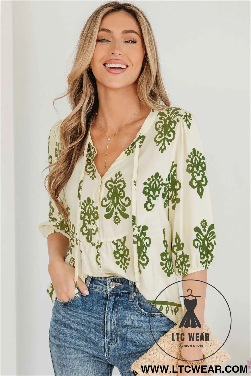 Apricot Floral Print Tie V Neck Button Down Puffy Half Sleeve Shirt
