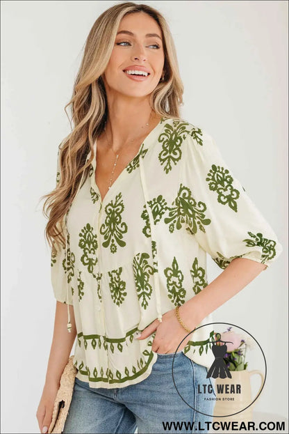 Apricot Floral Print Tie V Neck Button Down Puffy Half Sleeve Shirt